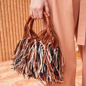 Ulla Johnson Valeria Small Hand-Woven Fringe Leather Multicolor Hobo Hand Bag